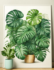 background closeup of green monstera leaves. nature concept, tropical leaf. tropical leaves. painting. illustration.