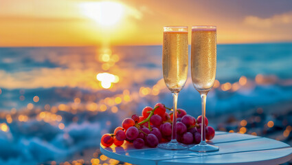 Close-up of two champagne flutes on a petite, well-lit retro table by the shore, complemented with assorted fresh fruits, as the sun sets, creating a radiant effect against the blurred beach backdrop