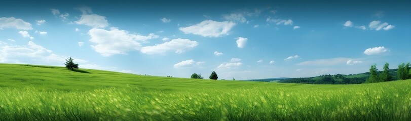 Fototapeta premium Green grass field under blue sky with white clouds