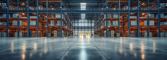 Interior of a modern warehouse storage of retail shop with pallet truck near shelves Interior of a modern warehouse storage of retail shop with pallet truck near shelves Wide shot