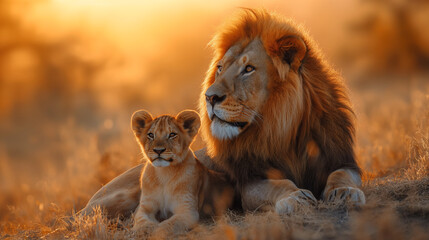 A proud and handsome African male lion lies in the savannah with his son, cub and looks into the distance. Close-up portrait of lions in nature. Wild animal protection concept. Banner