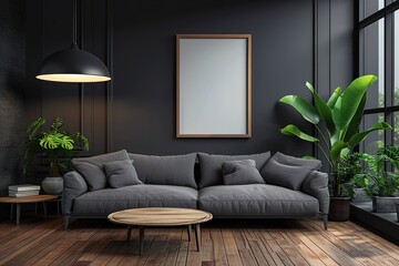 Minimal concept. interior of living grey fabric sofa, wooden table, ceiling lamp and frame on wooden floor and black wall.
