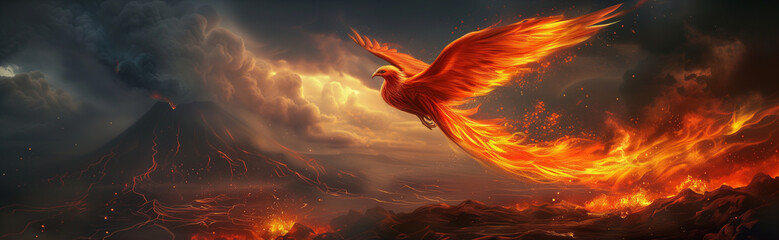 Majestic Phoenix Rising in Flight Above Erupting Volcano at Dusk: A Symbol of Rebirth for Mythological Themes and Inspirational Artwork - obrazy, fototapety, plakaty