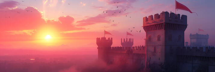 Serene Dawn Breaks Over a Medieval Castle Amidst a Flock of Birds: An Inspiring Backdrop for Historical Narratives and Fantasy Settings