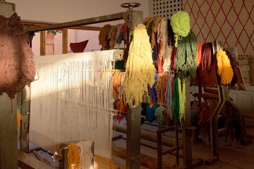 Traditional carpet weaving machine, Marrakech, Morocco.