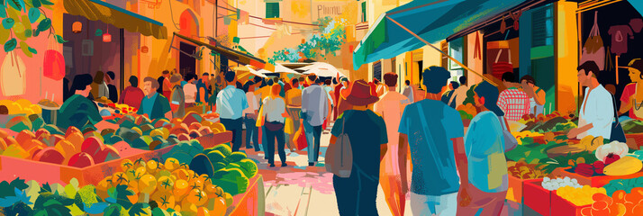 Bustling Market Scene in Warm Hues: A Stylized Slice of Life from a Vibrant Sicilian Street Market Ideal for Cultural Narratives