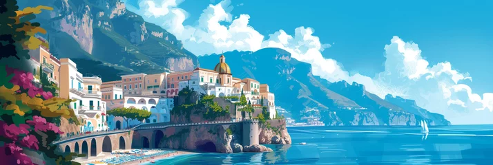 Deurstickers Iconic Amalfi Coast Vista: Stylized Illustration of Cliffside Villages against Azure Seas Ideal for Travel Posters and Mediterranean Themes © Rade Kolbas
