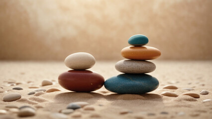 Fototapeta na wymiar A pyramid of pebbles of different colors and textures on a light beige background. Meditation and balance concept, zen, sea sand.
