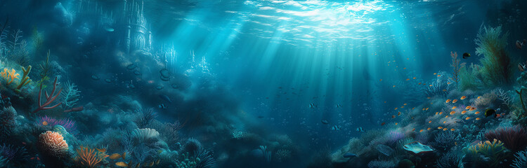 Fototapeta na wymiar Underwater Fantasy: Luminous Coral Kingdom Beneath the Ocean's Surface with Sunlight Filtering Through