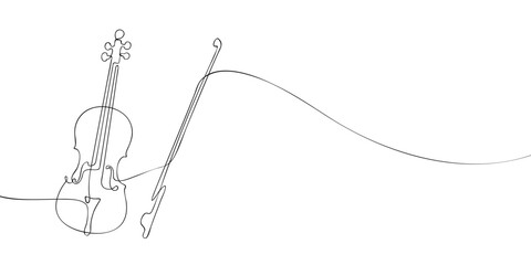A single line drawing of a violin with bow. Continuous line violin icon. One line icon. Vector illustration © Dancepol