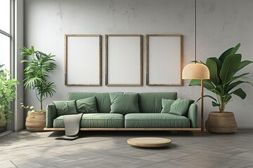Modern interior design mockup of a living room with three poster frames, a green couch, a wooden pot, and a floor lamp. Generative AI.