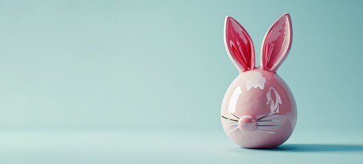 Pink ceramic egg with bunny ears on a blue background