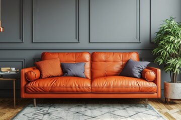 Orange leather sofa in living room with little furnishings against two tone walls. Generative AI.