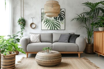 Scandinavian and design home interior of open space with wooden commode, gray sofa, design black rattan decoration, tropical leafs and elegant personal accessories. Stylish art home decor. Template.
