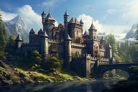 Medieval castle building. Forest old palace. Generate AI