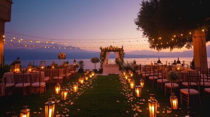 Romantic coastal wedding with lamps aglow, embracing the seaside magic