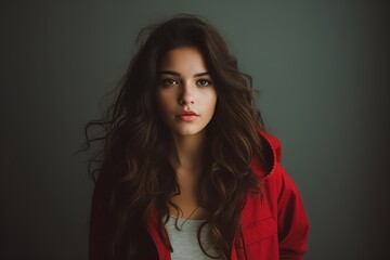 Portrait of a beautiful young woman with long curly hair in a red jacket