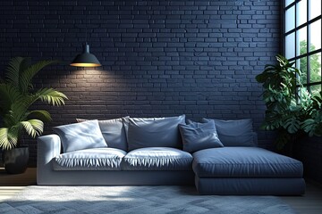 Stylish interior of room with comfortable big sofa near dark brick wall.