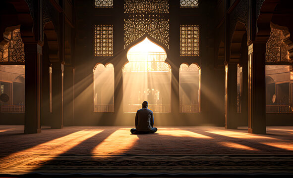 A lone man praying in a mosque.