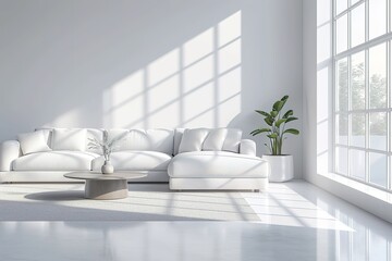 Fototapeta na wymiar White living room in modern design, minimal clear space on empty bright background, 3d render.