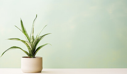 Houseplant in flowerpot on a table in front of blue background with copy space