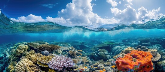 Underwater photoshoot of coral reef with waves and blue sky.