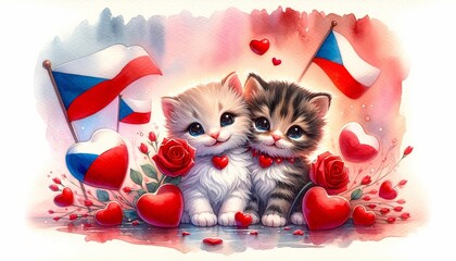 A charming watercolor concept illustration for Valentine's Day, featuring a cute couple of kittens with a Czech theme 01 - obrazy, fototapety, plakaty