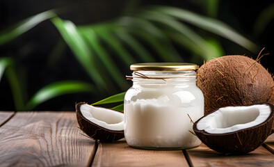 Coconut oil with fresh coconut for alternative therapy. Creative banner.