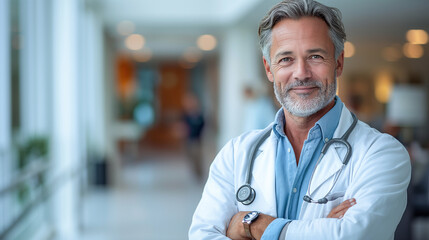 A successful respectable doctor in a white uniform and a stethoscope stands against the background of light walls in a modern clinic. Portrait of a handsome smiling doctor. Healthcare industry concept - obrazy, fototapety, plakaty