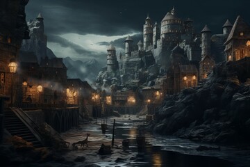 Medieval dark city. Urban town house. Generate Ai