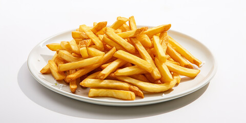 A plate of golden crispy French fries with each fry glistening in the soft lighting. Ai generated