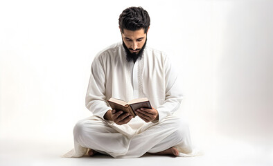 Muslim man dressed in white and praying with quran in hands on white background