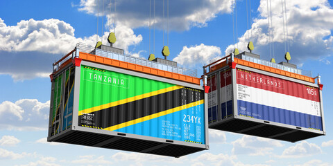 Shipping containers with flags of Tanzania and Netherlands - 3D illustration