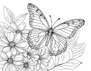 Croquis d'un papillon au milieu des fleurs 