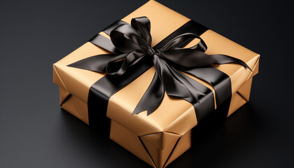 Birthday gift box wrapped in shiny gold wrapping paper generated by AI