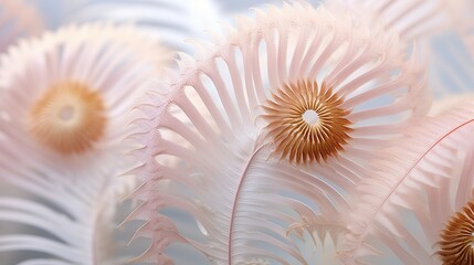 A closeup of delicate pink and white sea anemones, their forms resembling intricate feathers or hair, set against the soft pastel colors of underwater life