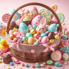 Colorful Easter basket filled with decorated eggs, candies, and toys against a festive background.