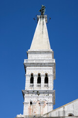 Fototapeta premium Bell tower of 18th century baroque Saint Euphemia Church, Rovinj, Croatia, Istria