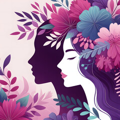 Women's Face Illustration with flowers and floral design, Celebrating Internation Women's Day