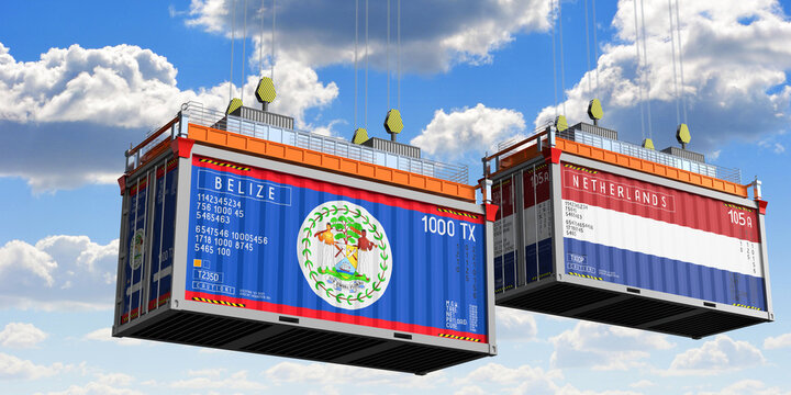 Shipping containers with flags of Belize and Netherlands - 3D illustration