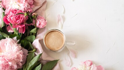 4K Photograph Capture: Peonies and coffee flat lay, good morning vibes.