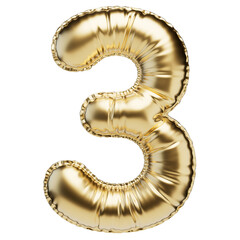 Number three in the shape of a balloon, isolated on a transparent background. An inflatable balloon of gold color with a glossy texture.