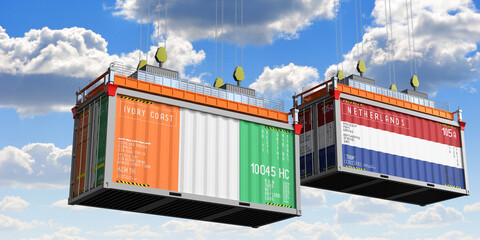 Shipping containers with flags of Ivory Coast and Netherlands - 3D illustration