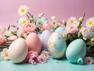 Easter eggs and flowers in pastel colors