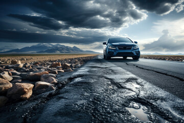 A car is on an empty highway on a stormy day, low angle view