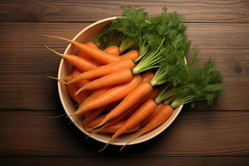 Bowl with fresh carrots on wooden background