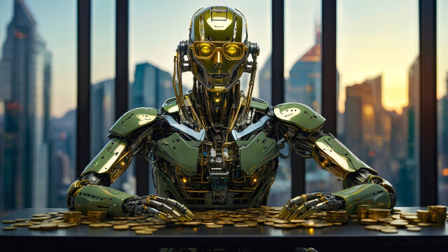 humanoid robot using a thinking brain sitting in his office counting a mountain of gold coins on the desk