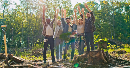 Portrait of multicultural and multiage group of enthusiastic volunteers standing in forest after...