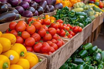 Fototapeta na wymiar Fresh organic vegetables on display at local farmer's market. Healthy food and lifestyle.