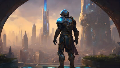 a sci-fi scene with a futuristic warrior looking at a city in the evening - obrazy, fototapety, plakaty